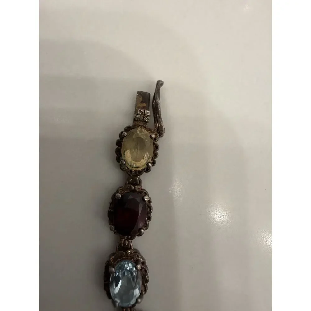 925 Thailand Sterling Silver Multi Color Gemstone Tennis Bracelet Vintage 8” 18g